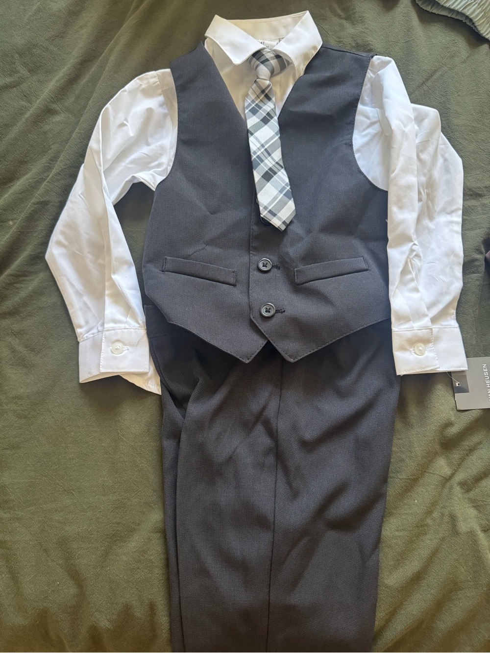 Van Heusen Boys' Black Vest & Pants Set with White Shirt and Plaid Tie